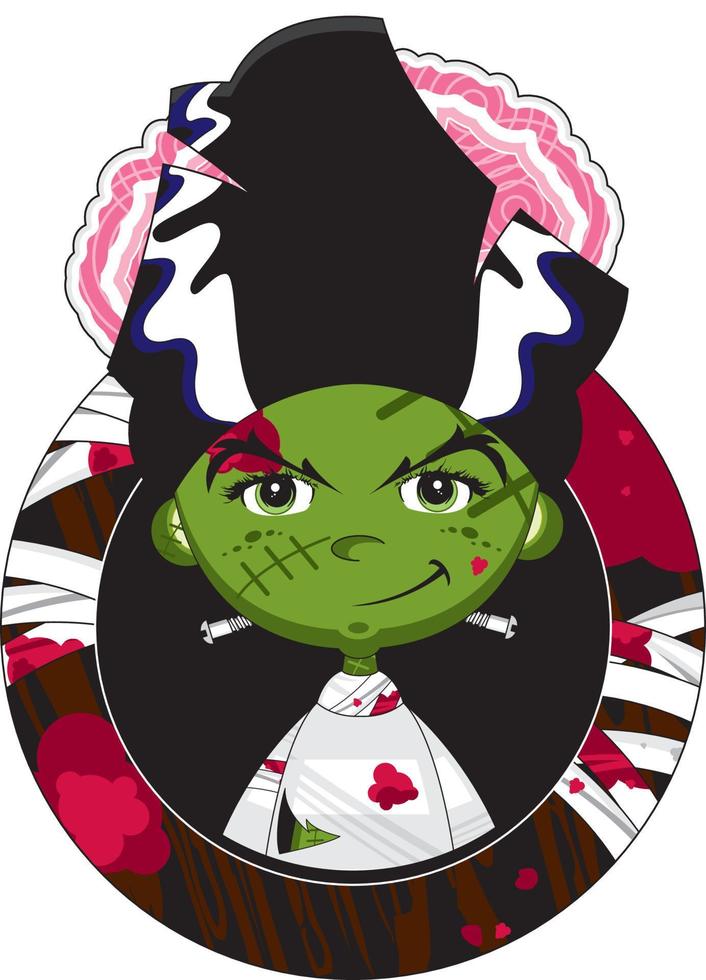 Cartoon Scary Frankensteins Bride with Exposed Brains - Spooky Halloween Monster Illustration vector