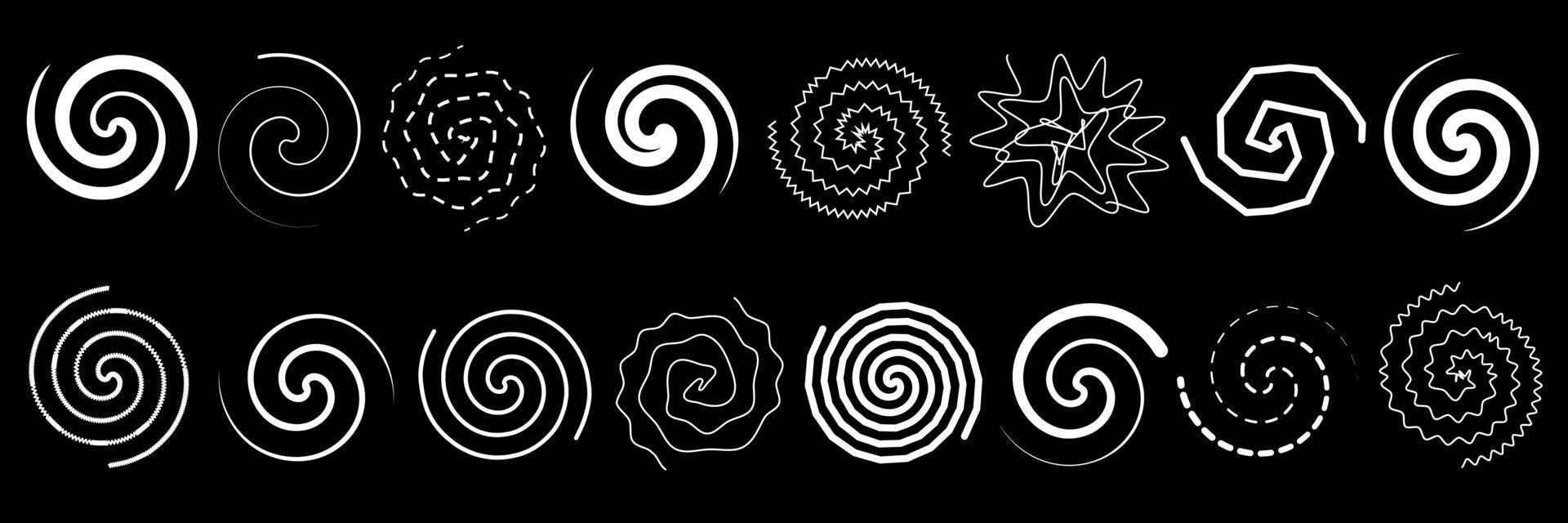 Set of abstract twirls and spirals. Vector illustration of lines twisted in circle. Drawing of signs of round swirls and wavy whirls.
