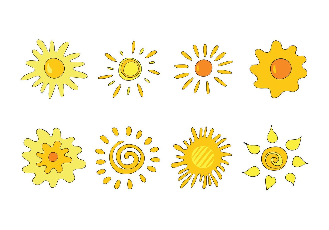 Hand drawn cartoon style suns set vector