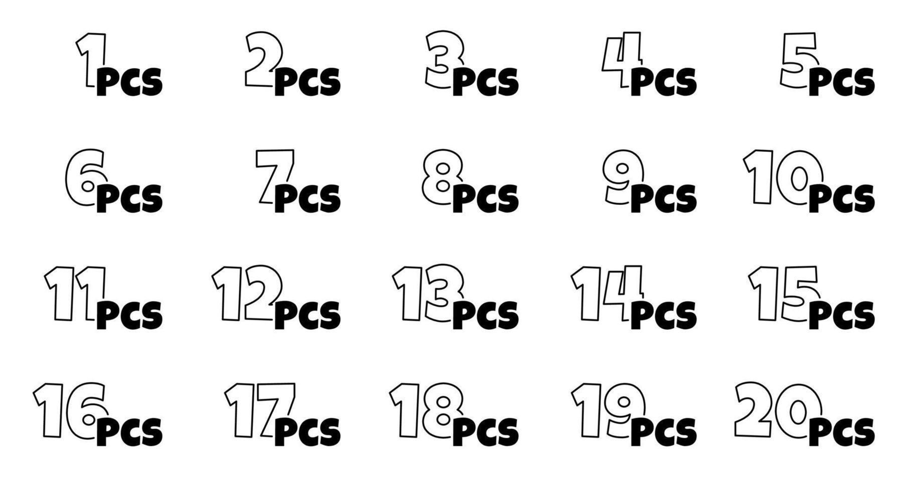 Number of pieces in package set. From 1 to 20 pcs packaging label collection. Items amount in product packing. Cartoon style outline icons. Vector eps illustration isolated on white background