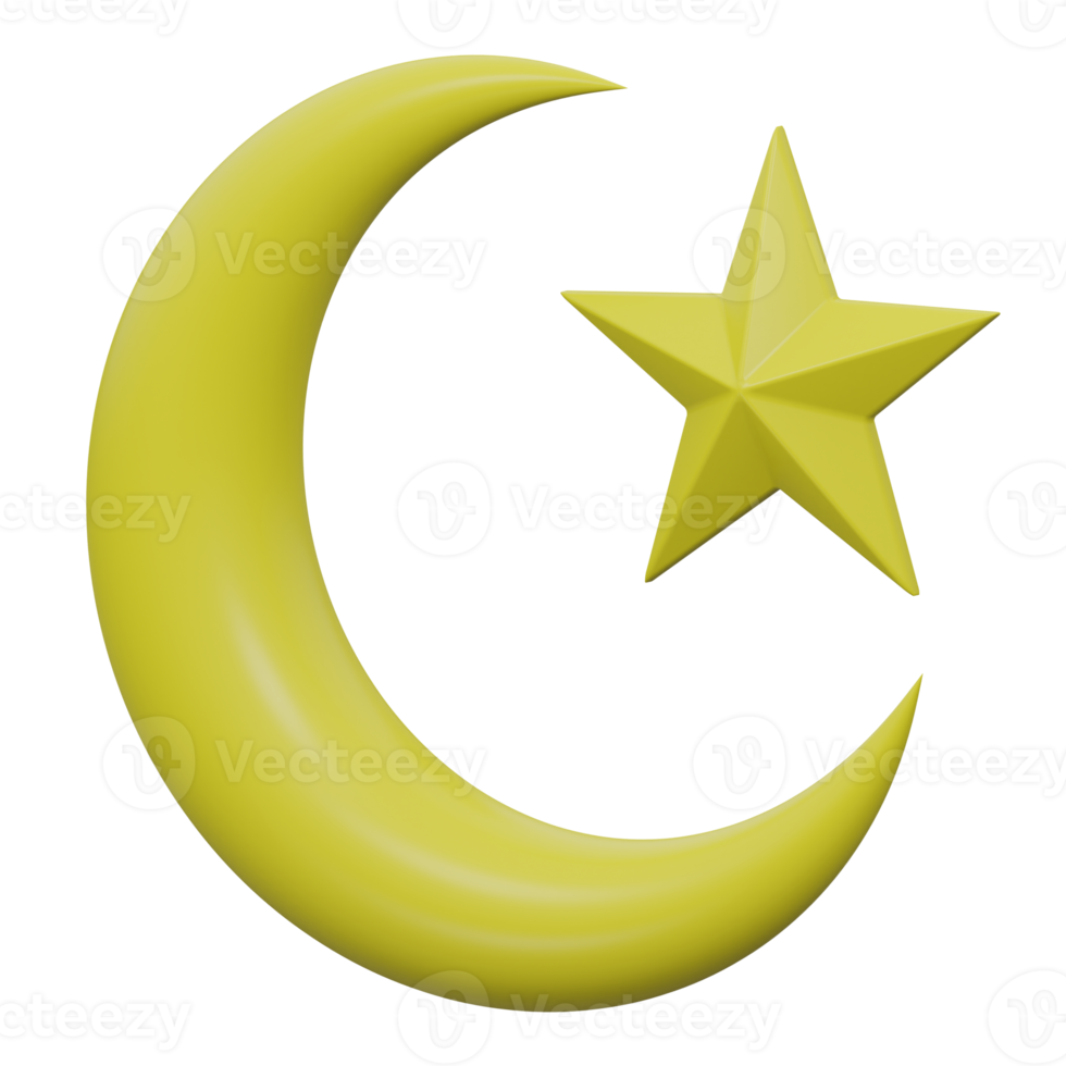 crescent moon and star 3d render icon illustration with transparent background, ramadan png