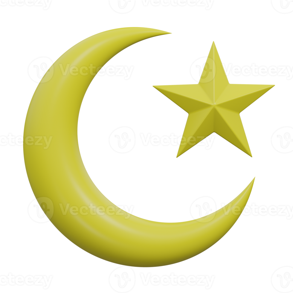 crescent moon and star 3d render icon illustration with transparent background, ramadan png