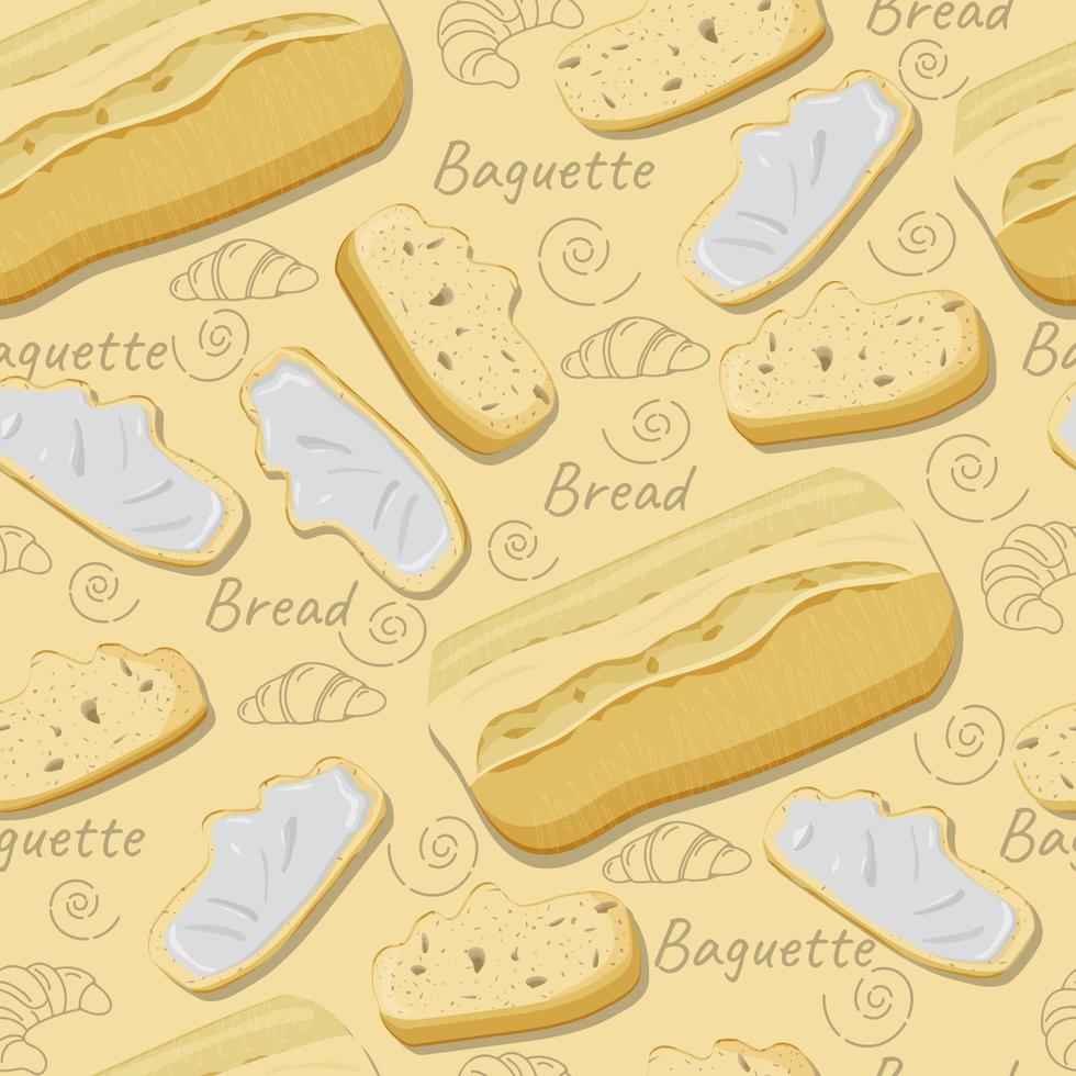 Hand drawn seamless pattern with crispy wheat bread, slices of bread and outline croissants with text Bread on yellow background. Ideal for print design, modern textile, fabric, wrapping, wallpaper vector