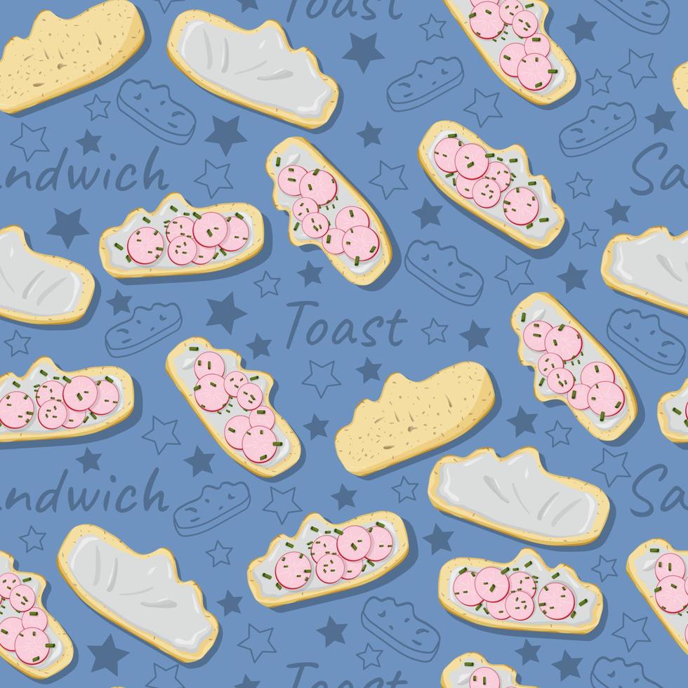 Bright seamless pattern with healthy sandwiches with cream cheese and radishes in flat style on blue background. Outline slice of bread with text Toast. Best for fabric, wrapping, wallpaper, print vector