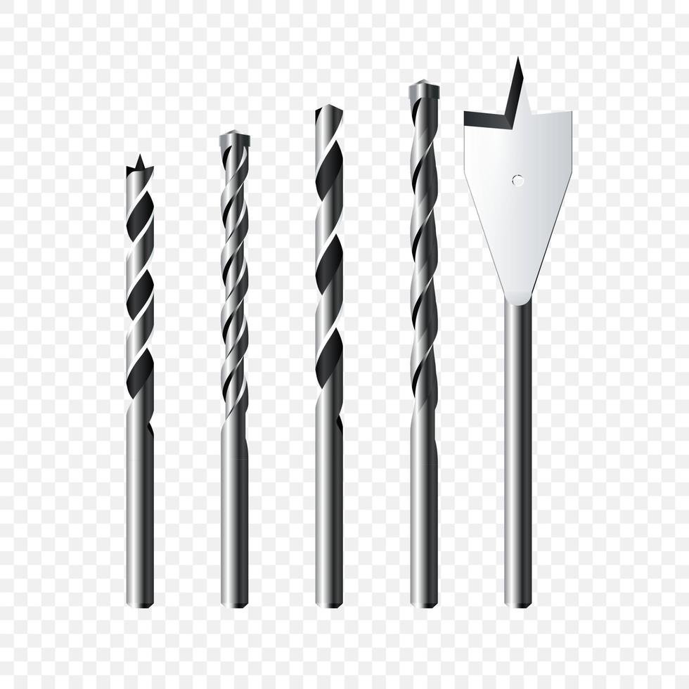 Set of realistic steel Drill Bits. Vector illustration