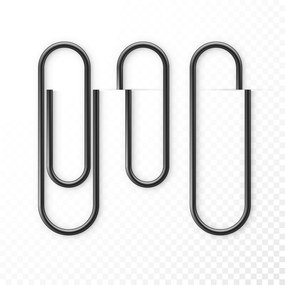 Realistic Black Paper Clip Attachment Set with shadow. Attach file business document. Paperclip icon. Vector