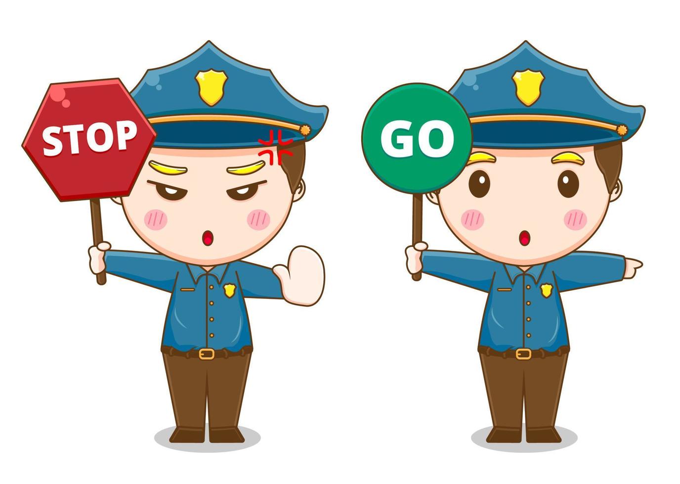 Cute policeman holding stop sign and go cartoon character. People profession concept design. Isolated white background. Vector art illustration. Adorable chibi flat cartoon style
