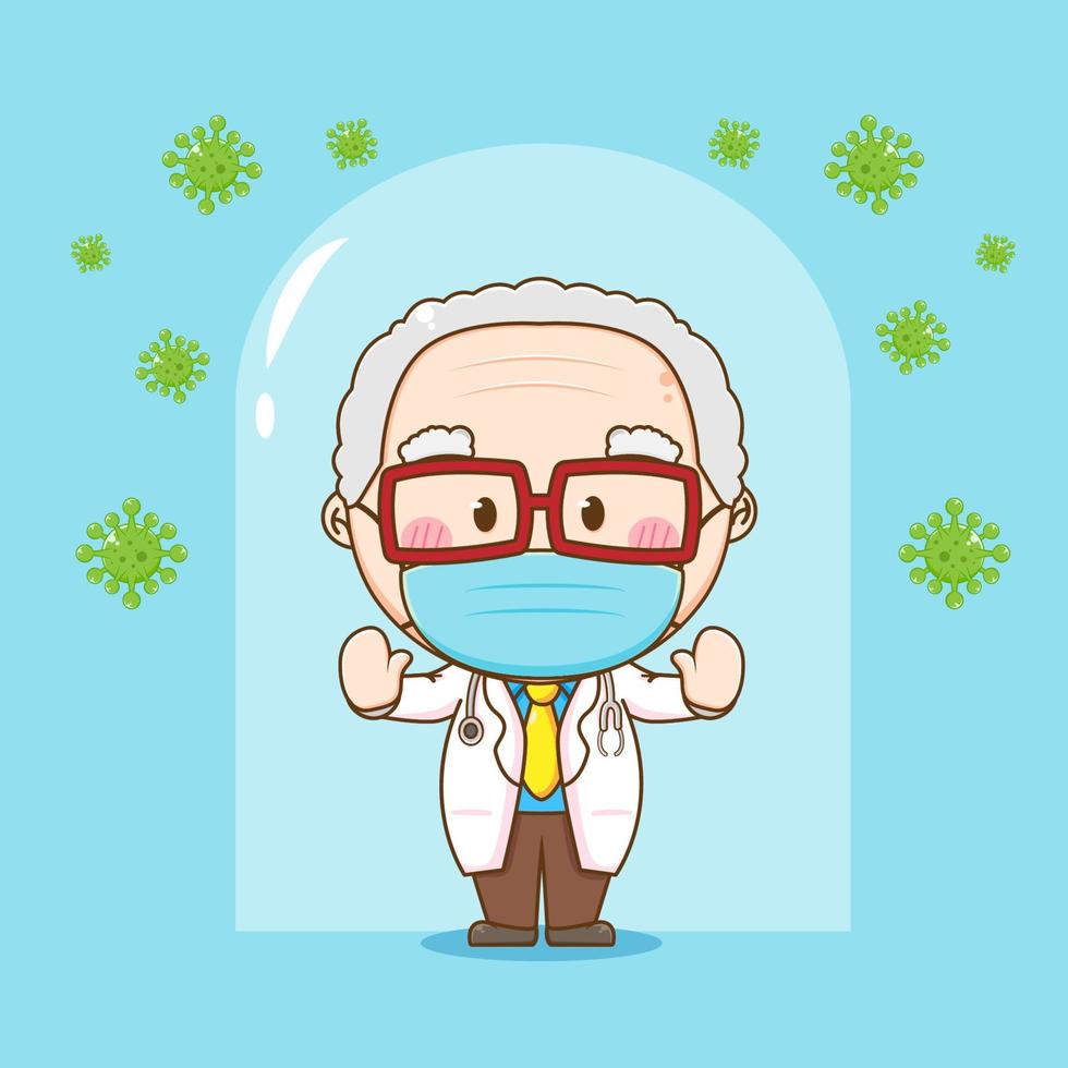 Cute old Doctor wearing mask chibi character illustration vector