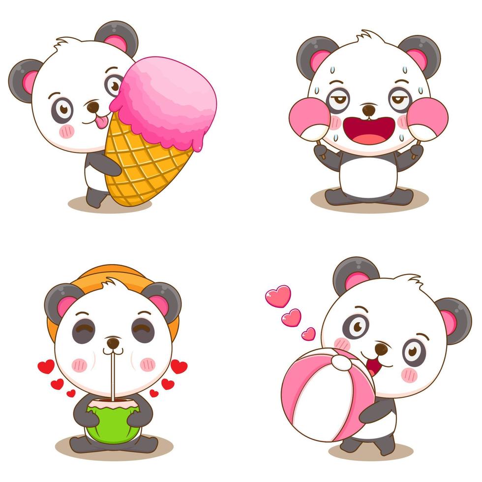 set group panda with summer activities vector