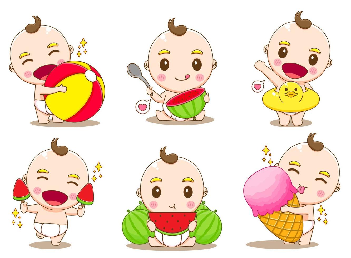 set group cute baby boy doing summer activities vector