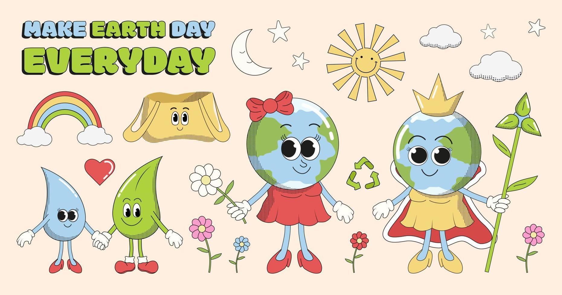 Earth Day retro vector stickers and drawing in 1970s groovy style, Earth Day holiday theme, set of natural and ecological objects.