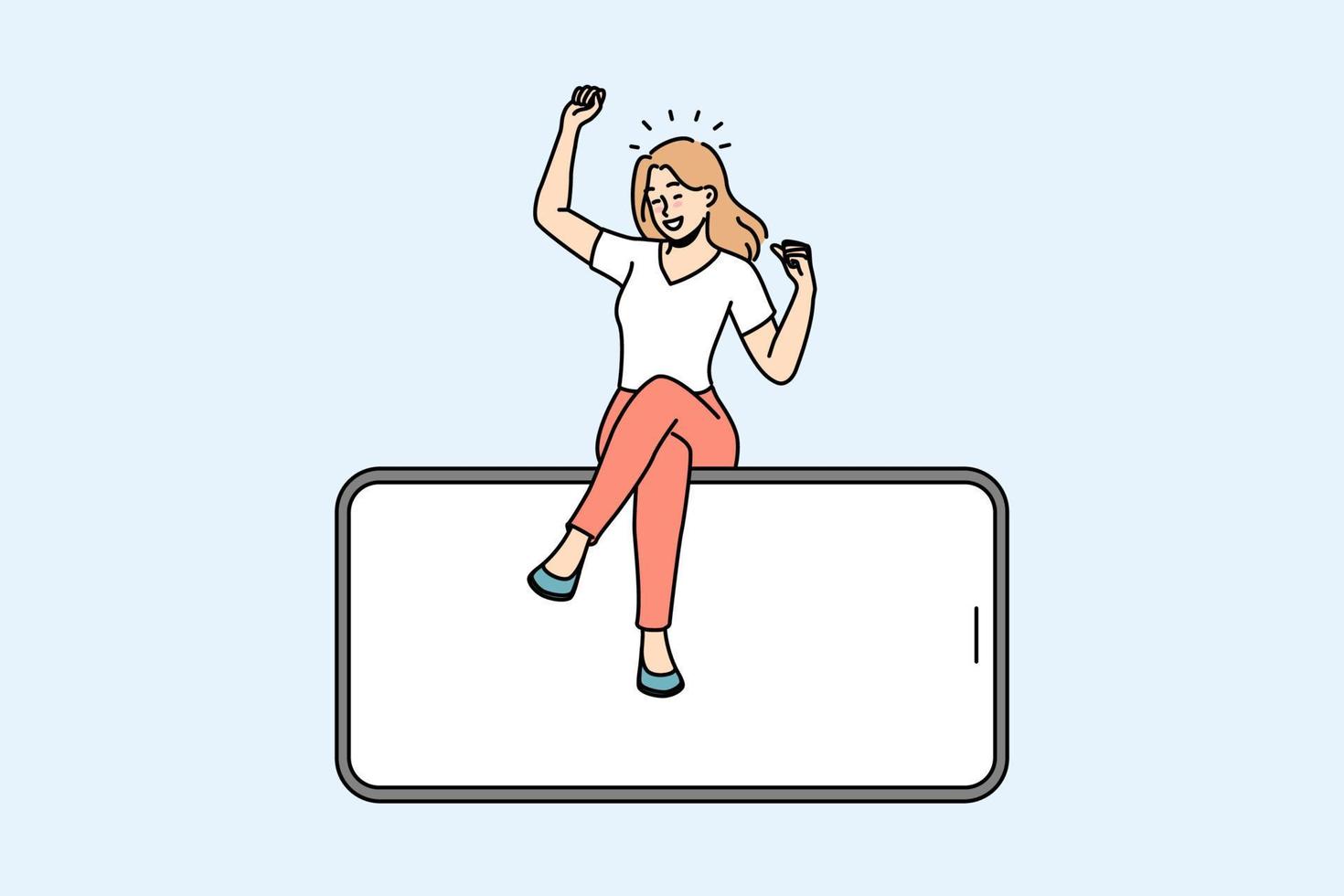 Smiling woman sitting on huge cellphone with mockup screen. Excited female client on smartphone with empty blank display. Deal or sale recommendation. Advertising. Vector illustration.