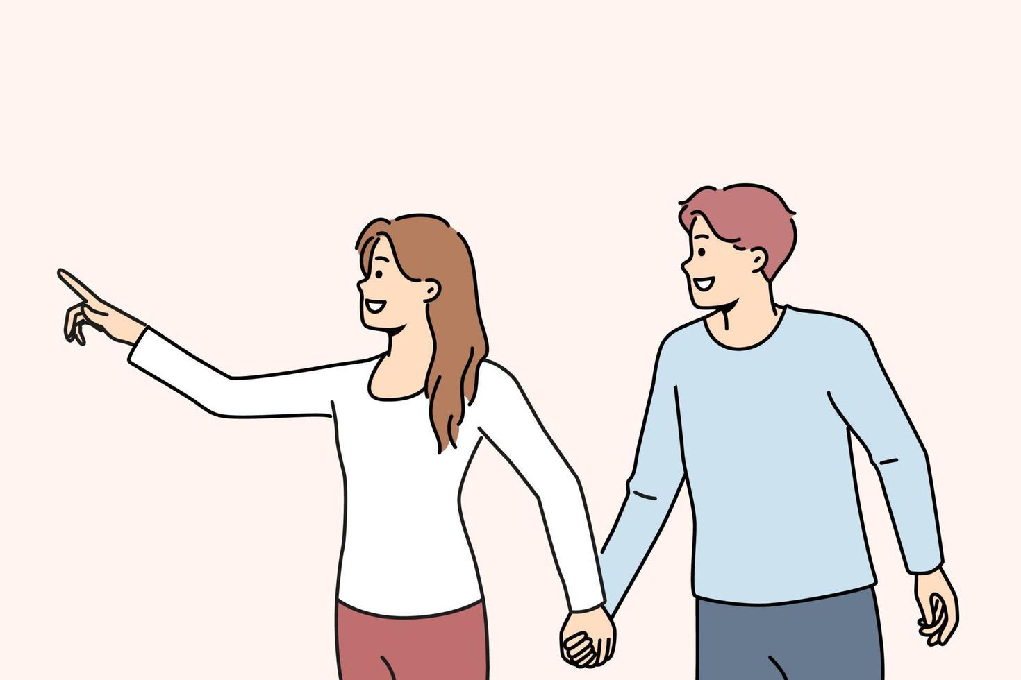 Smiling woman holding man by hand showing something forward. Happy couple holding hands point with finger on empty space aside. Vector illustration.