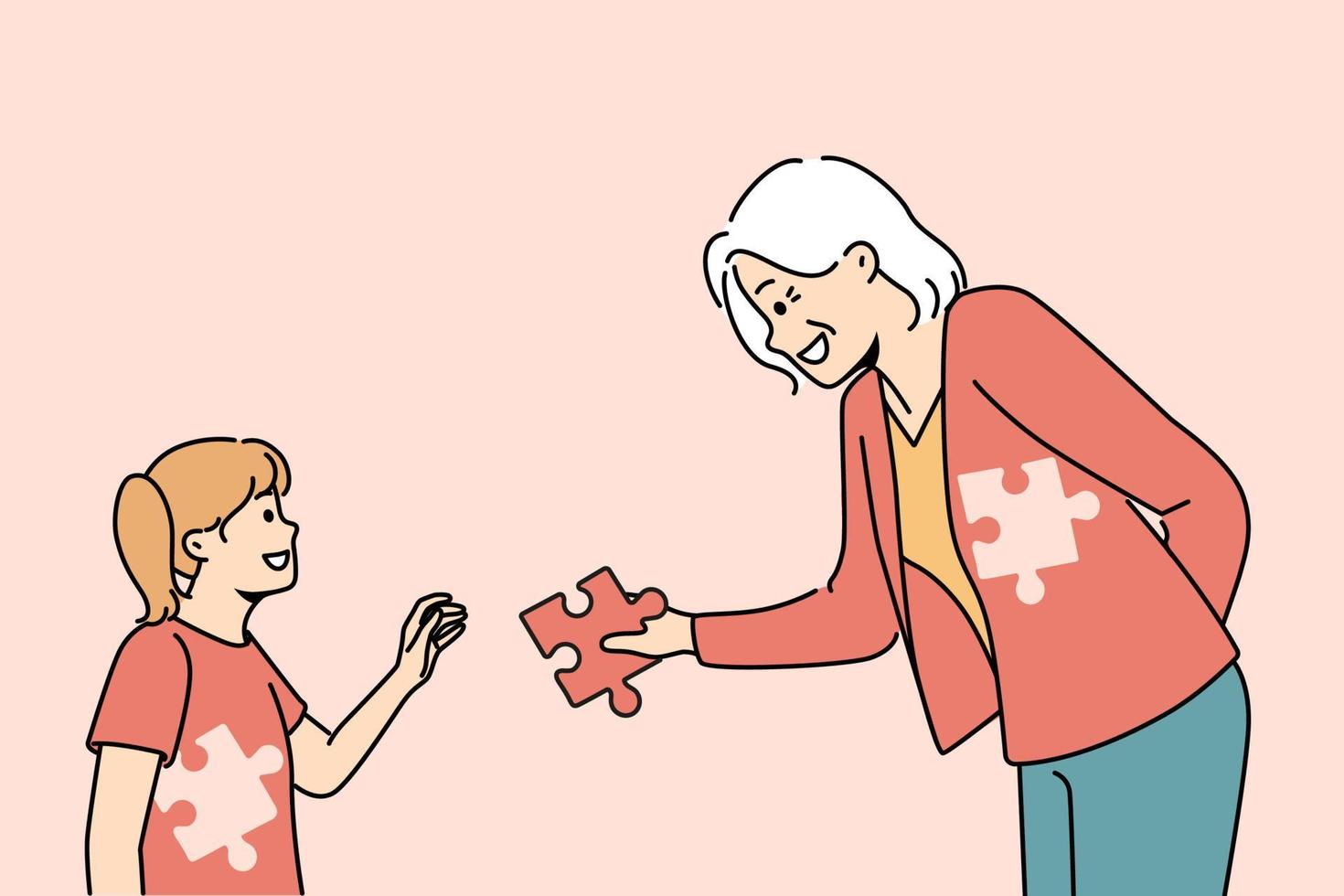 Caring elderly grandmother give jigsaw puzzle to complete little girl child. Loving smiling old woman sacrifice help kid. Vector illustration.