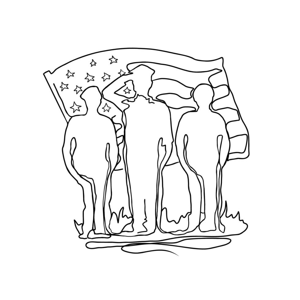 uno línea contento veteranos día minimalista continuo arte lineal vector ilustración. americano soldados saludando siluetas, americano bandera.