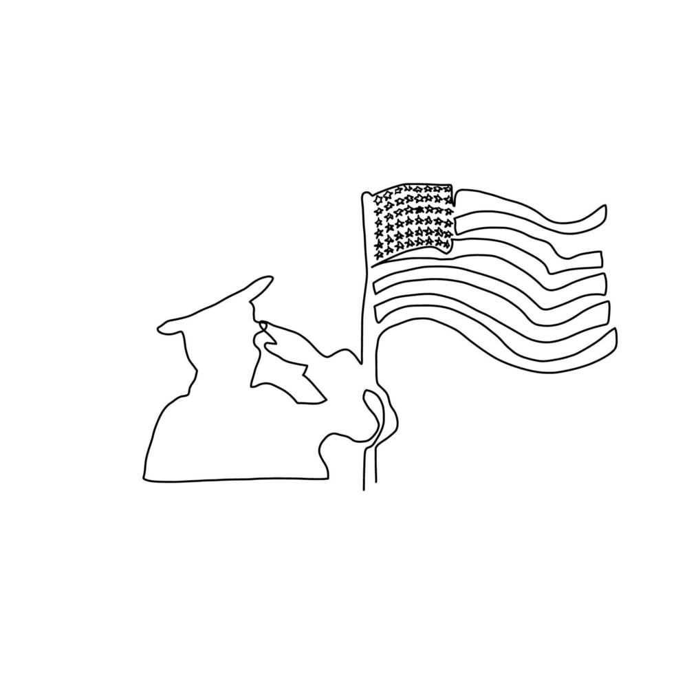 One line Happy Veterans Day minimalist continuous lineart vector illustration.  American's soldiers saluting silhouettes, American flag.