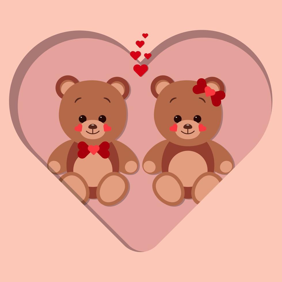 A postcard of two teddy bears in love sits on a paper cut big heart. The concept of Valentine Day. Flat vector illustration isolated on a red background