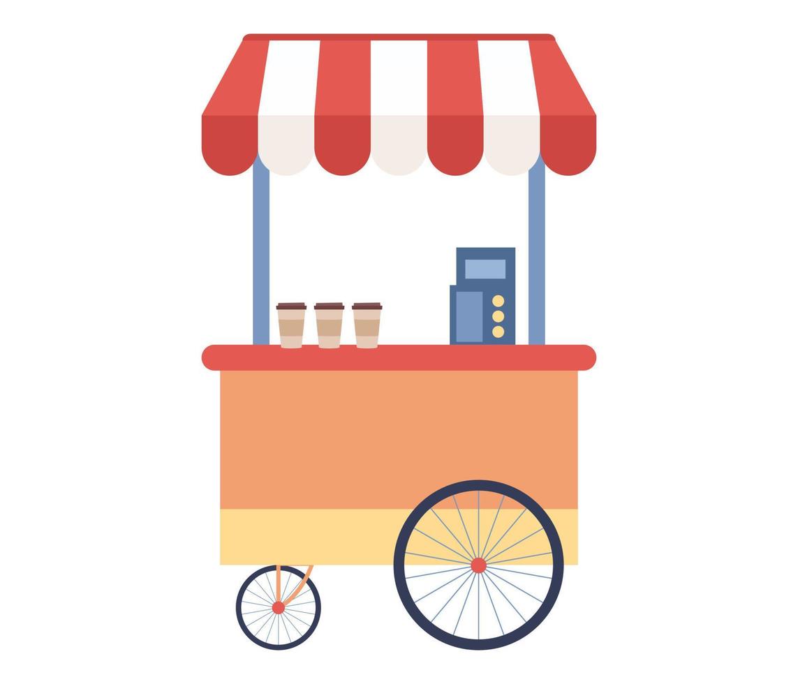 Street coffee cart with espresso machine and disposable cups. Fast food trolley concept. Vector flat illustration