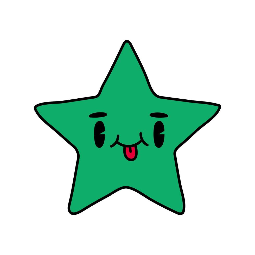 Green star doodle hand drawn isolated on white background. 70s style character, cute kawaii figures. vector