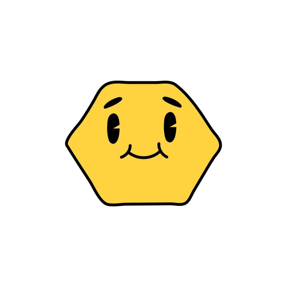 Hand drawn yellow doodle hexagon isolated on white background. 70s style character, cute kawaii figures. vector