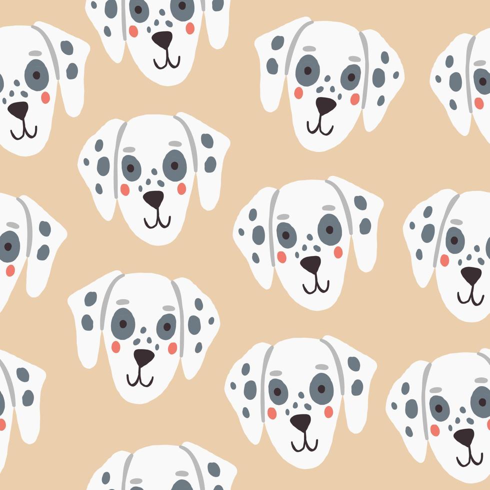 Vector seamless pattern with dalmatian dog faces on beige background. Vector illustration