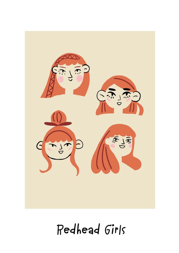 Vertical poster with redhead women portraits. Spring girls illustration. Vector illustration