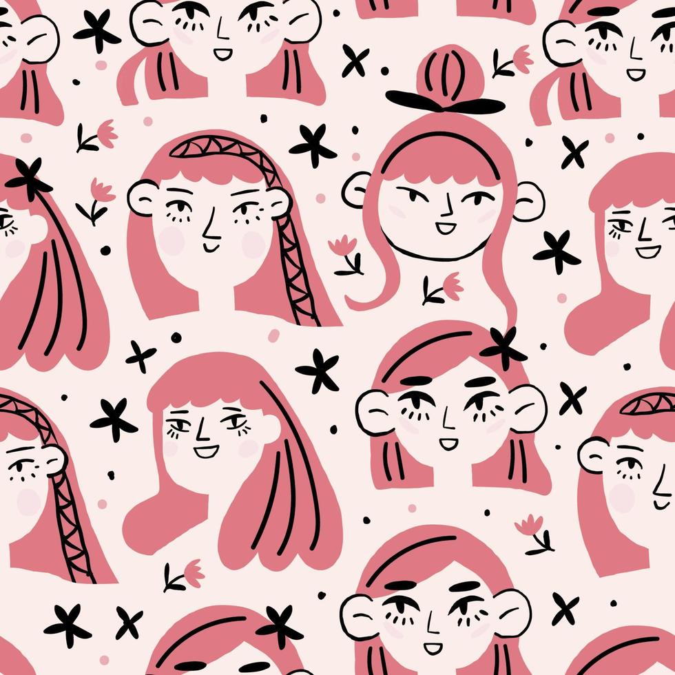 Seamless pattern cute girlish faces with different emotions. Ideal for children interiors, banners and posters. Vector colorfull illustration. Vector illustration