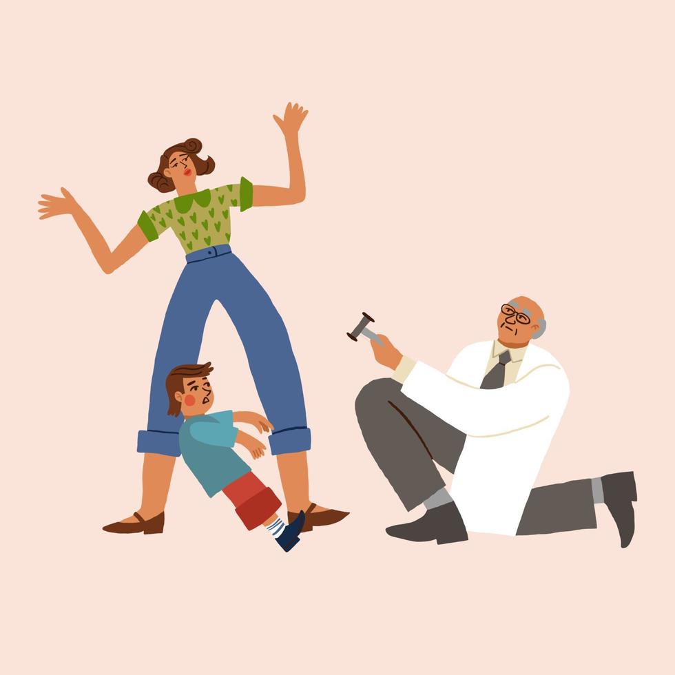 Reception in the office of a psychotherapist. A man performs a hypnotherapy session. Vector flat illustration. Vector illustration