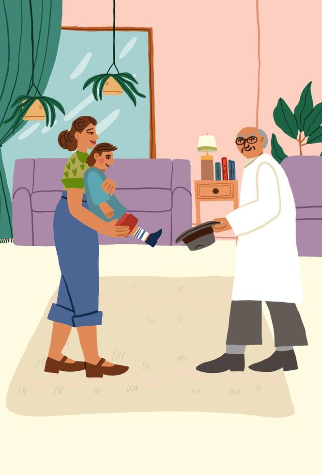 familia médico viniendo a visitar enfermo niño a hogar. pediatra desde pediatría clínica tratando niño a hogar con padres. cuidado de la salud y medicina concepto. dibujos animados plano vector ilustración. vector