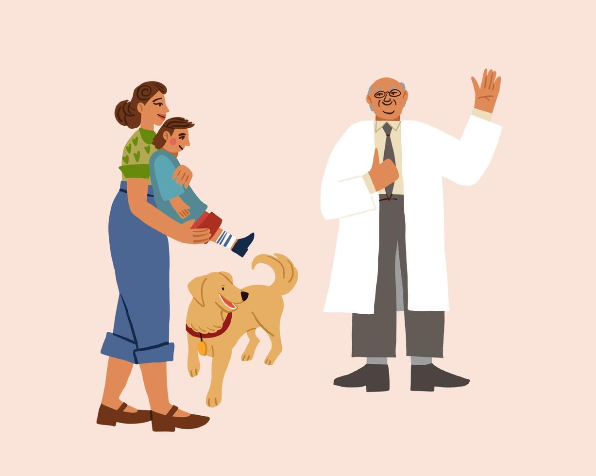 madre y un pequeño hijo visitando el doctor.doctor,hijos,mujer en pie y sonrisa. vector ilustración