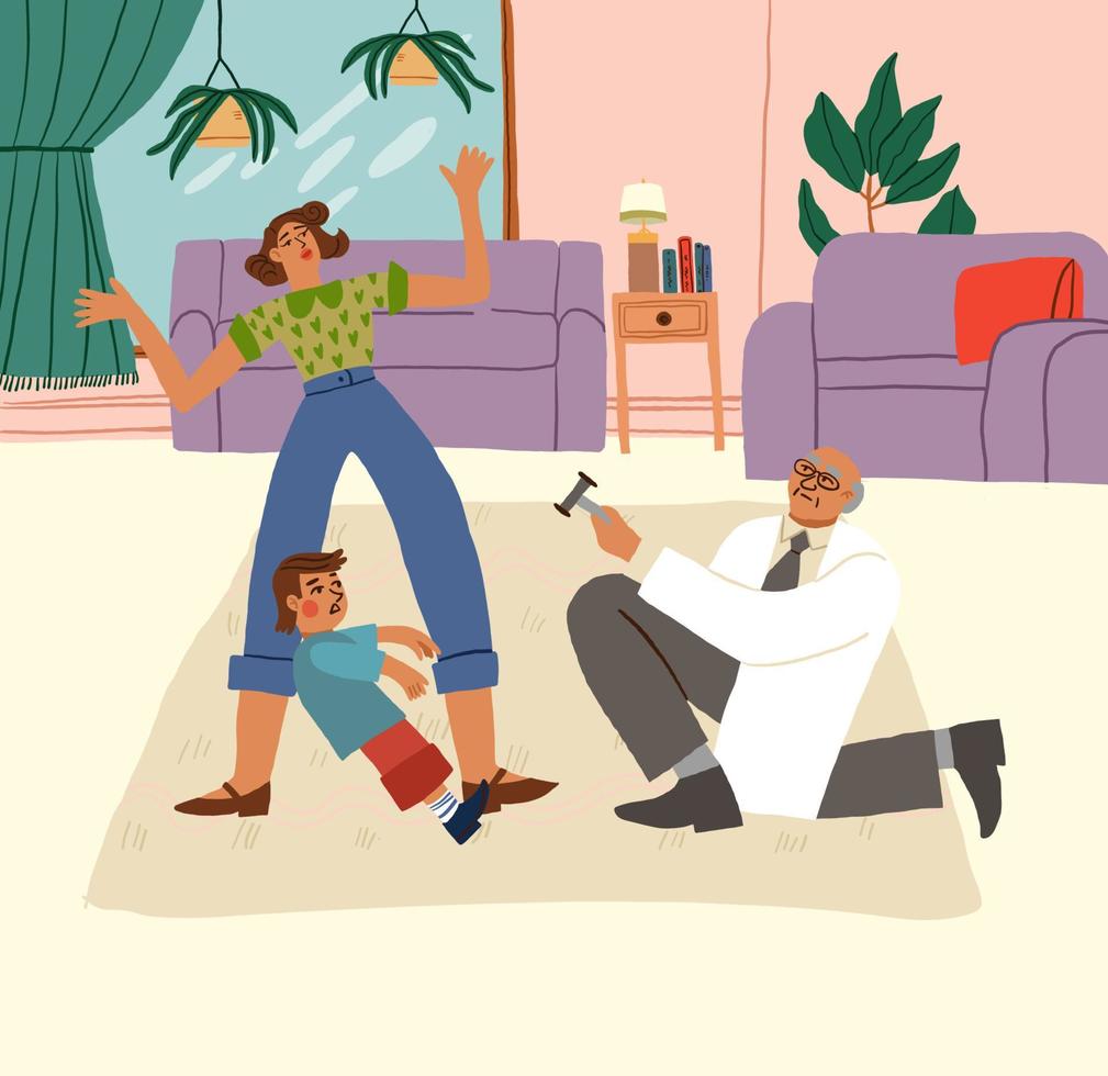 familia médico viniendo a visitar enfermo niño a hogar. pediatra desde pediatría clínica tratando niño a hogar con padres. cuidado de la salud y medicina concepto. dibujos animados plano vector ilustración. vector