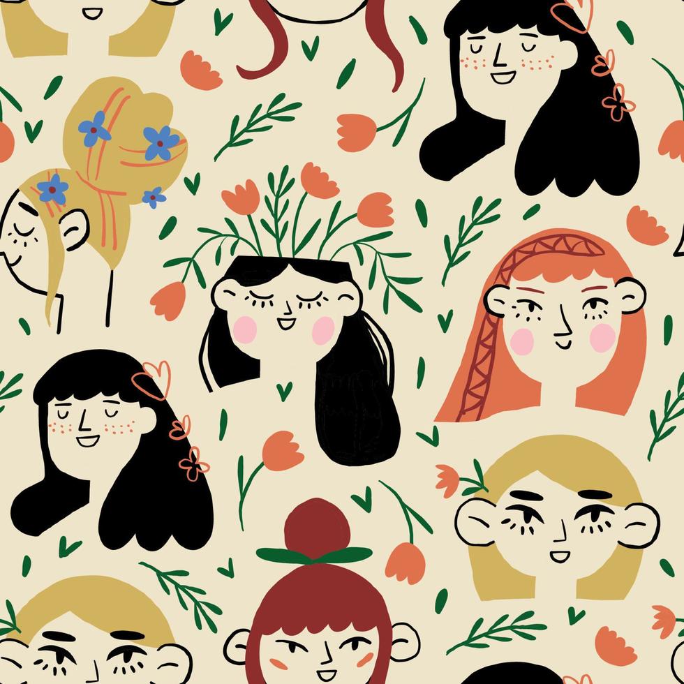 Vector seamless pattern with blond girls faces and flower in head on beige background. Romantic girl portrait pattern. . Vector illustration