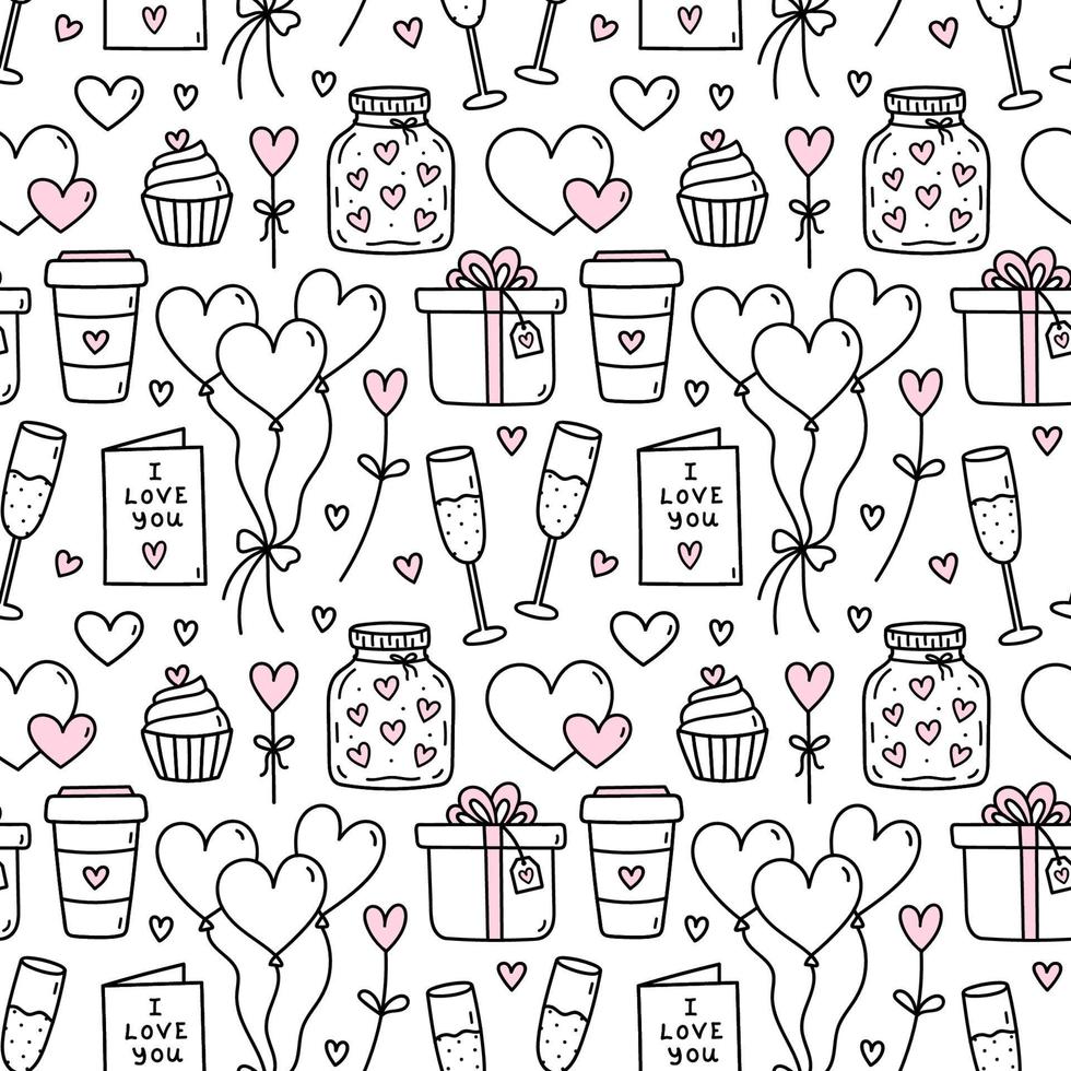 linda sin costura modelo para San Valentín día con champán, globos, corazones, regalos, café, pastelitos vector dibujado a mano garabatear ilustración. Perfecto para fiesta diseños, imprimir, decoración, envase papel.