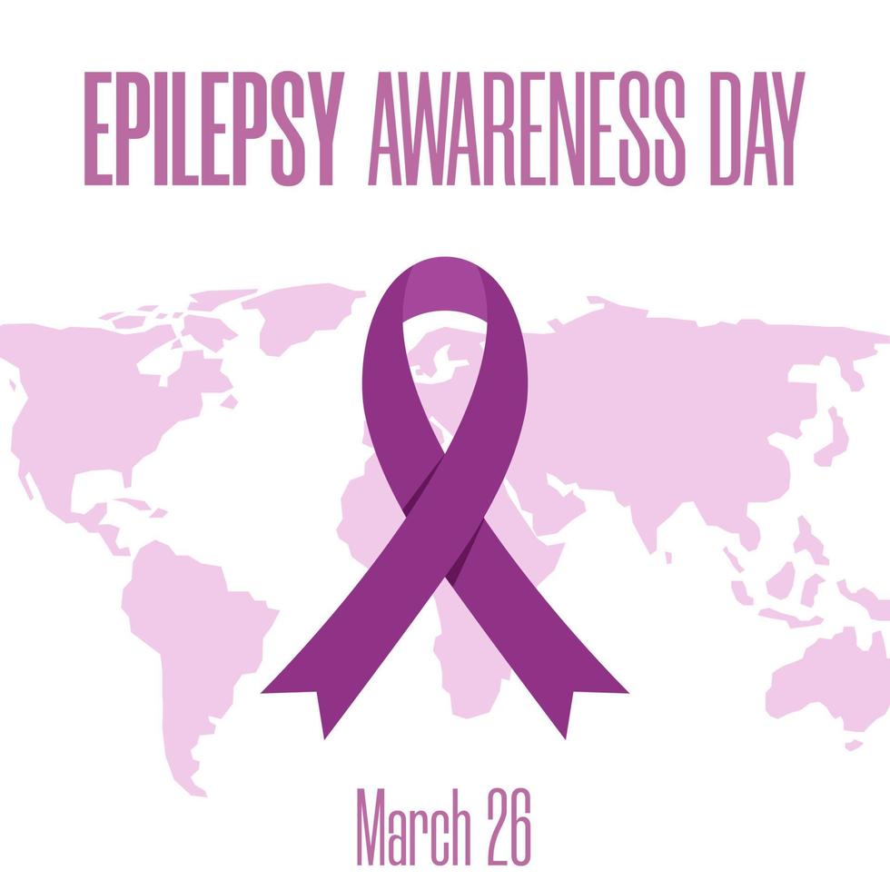 concepto de epilepsia conciencia día, púrpura día en marzo 26 vector ilustración de mundo mapa con conciencia cinta y texto para social póster, bandera, tarjeta, volantes