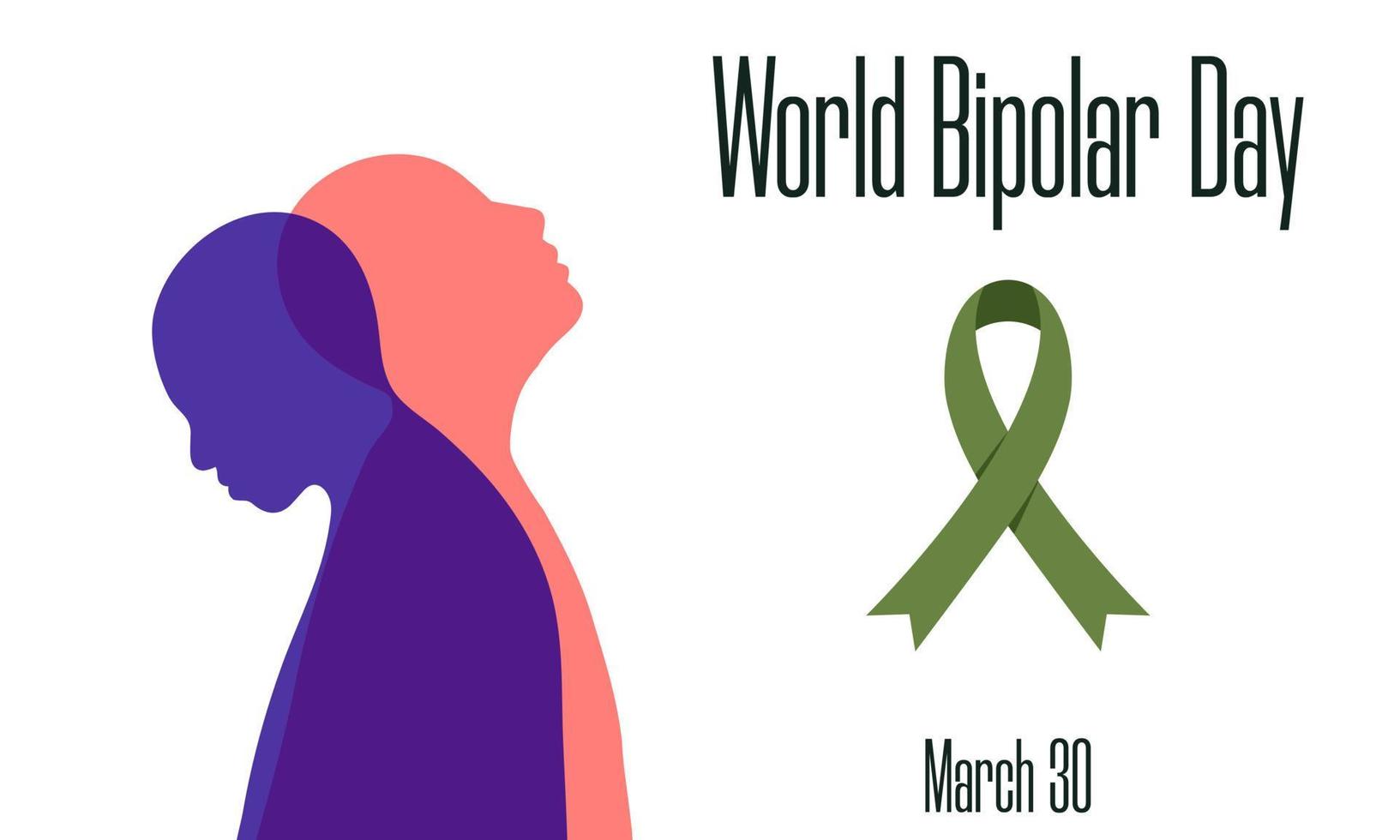 World Bipolar Day on March 30 concept. Two human silhouettes as symbols of depression and mania. Vector illustration for social poster, banner, card, flyer