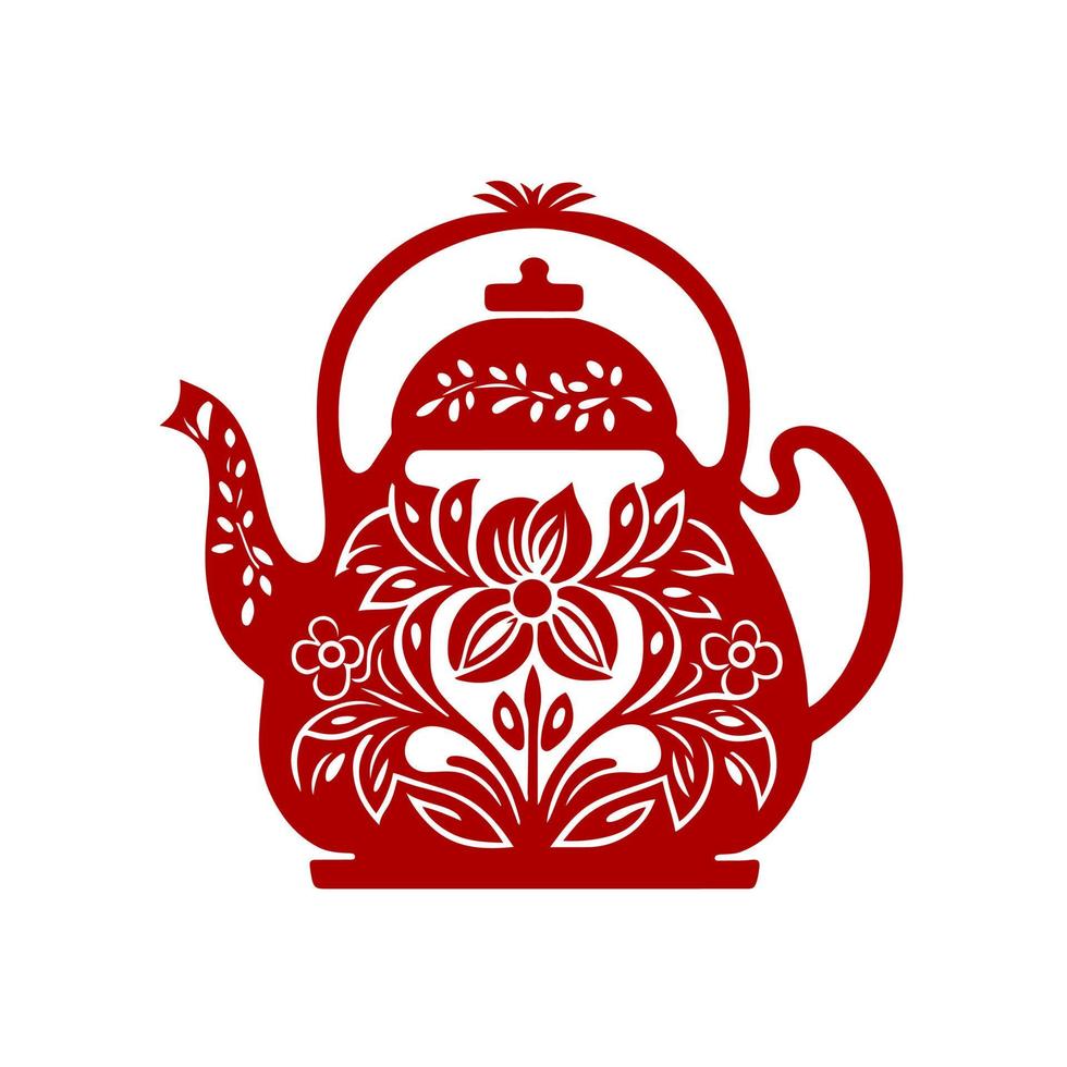 Red floral teapot with monochrome design - isolated vector illustration for elegant kitchen decor, perfect for tea lovers.