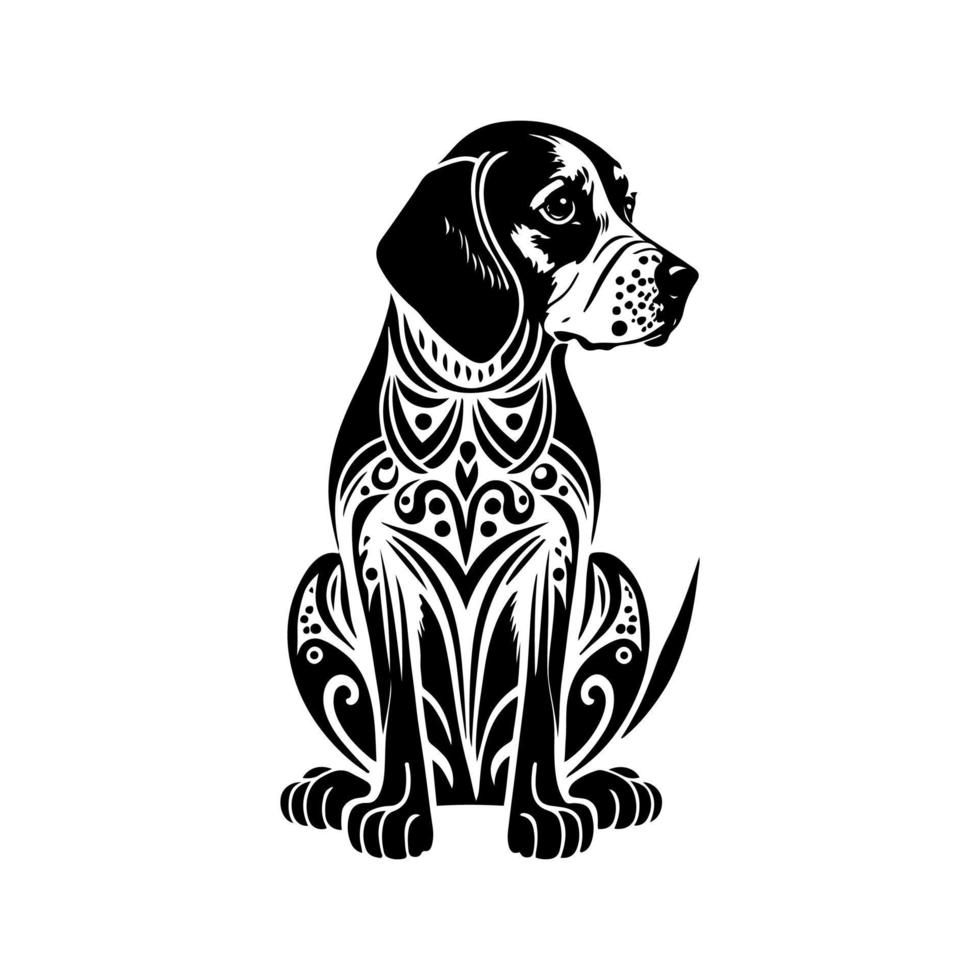 Tribal-inspired Beagle dog for your ornamental designs. Monochrome vector illustration isolated on white background.