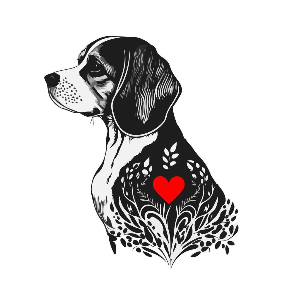 Cute Beagle dog with heart for your sentimental designs. Monochrome vector art isolated on white.