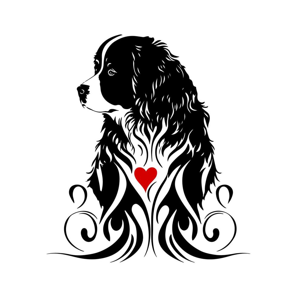 Tribal-inspired Bernese Mountain dog portrait with heart for your ornamental designs. Monochrome vector illustration on white background.