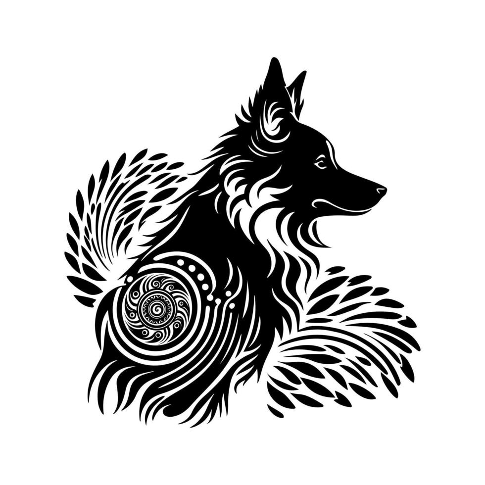 Tribal-inspired Border Collie with abstract patterns for your ornamental designs. Monochrome vector illustration isolated on white.