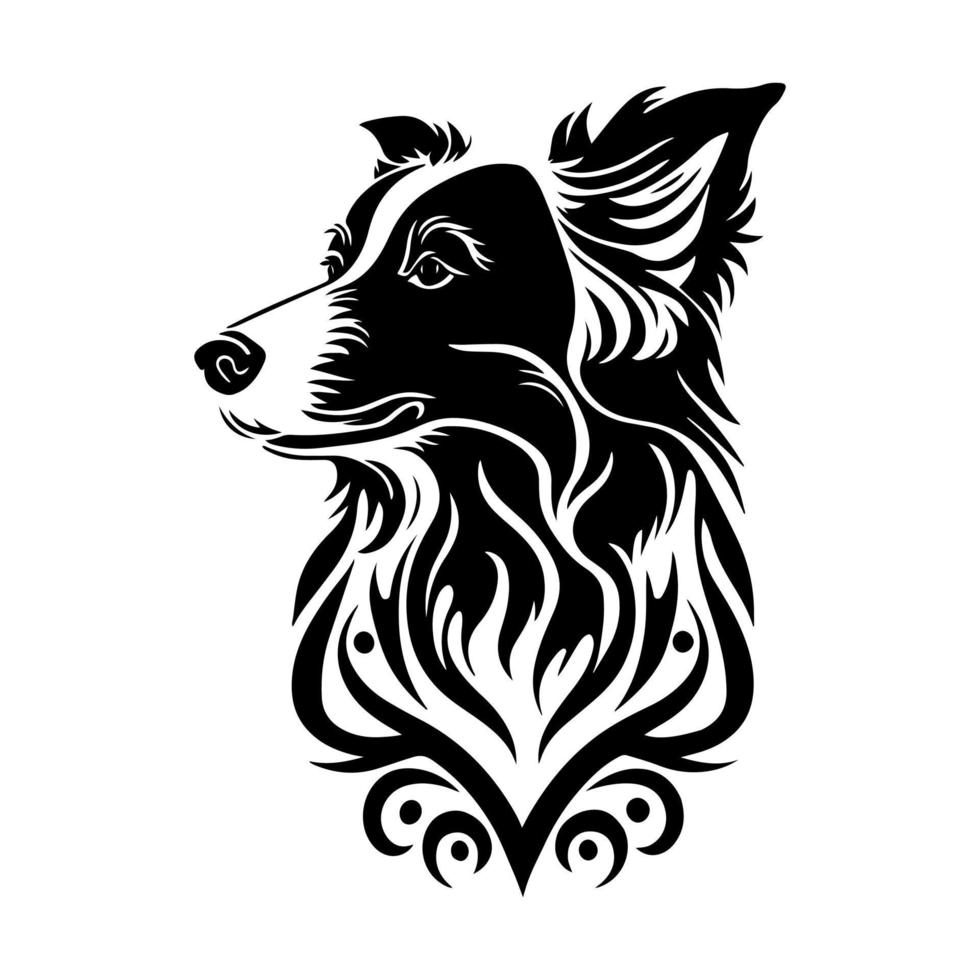 Tribal and ornamental cute Border Collie dog portrait for your artistic designs. Monochrome vector illustration isolated on white background.