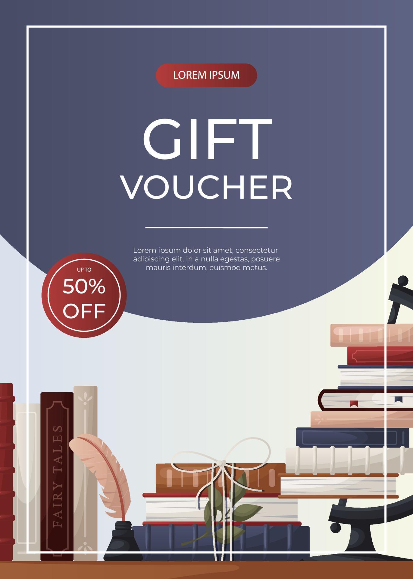 Promo gift voucher flyer with reading bookshelve with stack of books, globe, inkwell with a
