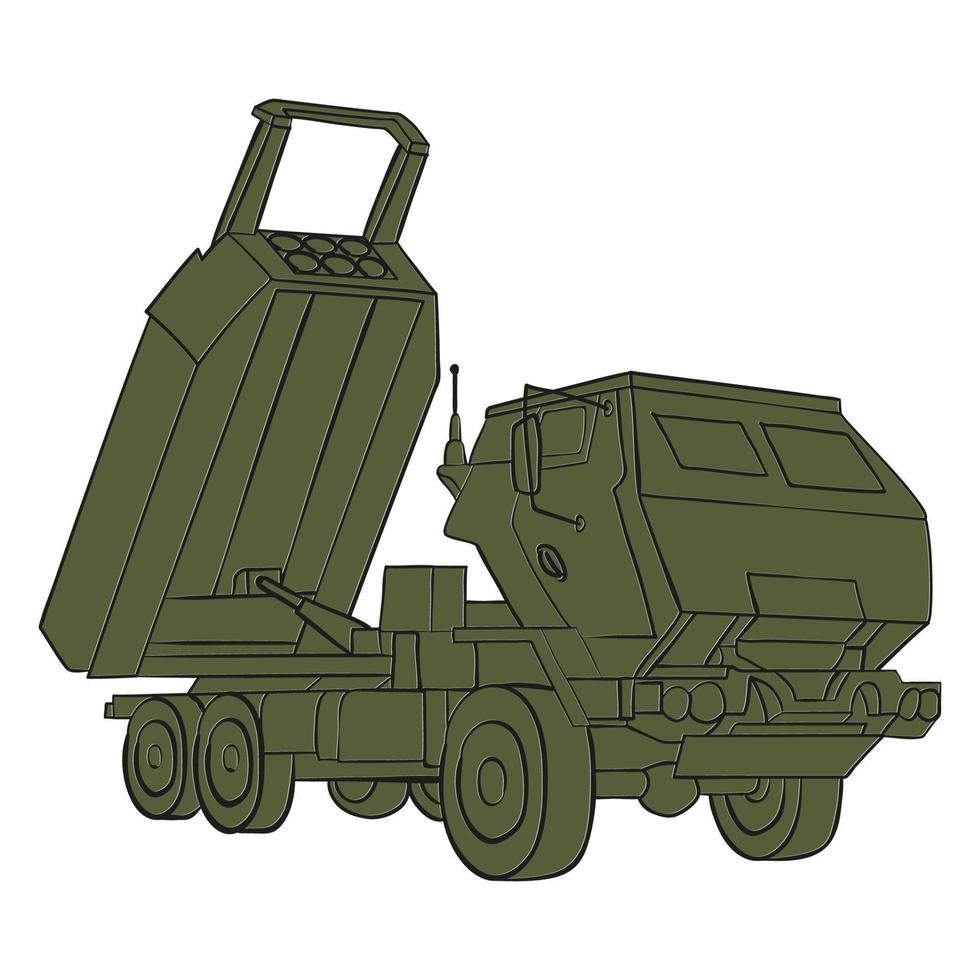 Doodle outline in color. HIMARS. Artillery Rocket System. Tactical truck. Colorful vector illustration isolated on white background.