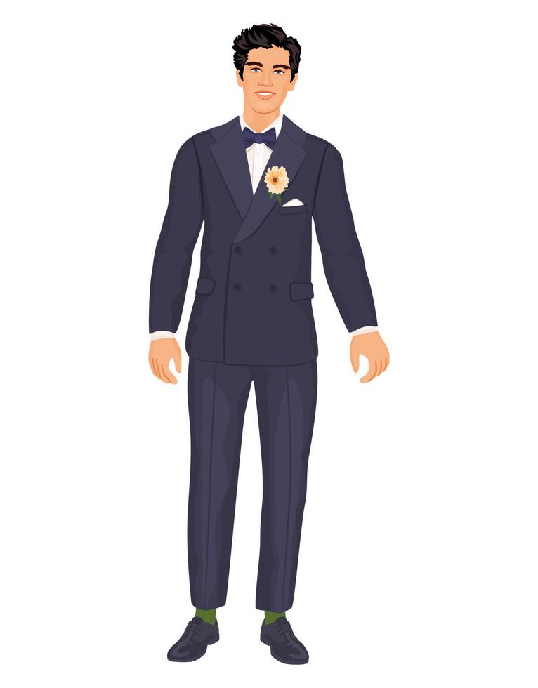 Handsome groom in dark navy suit, isolated on a white background. Young man in wedding, formal attire, full-height. vector