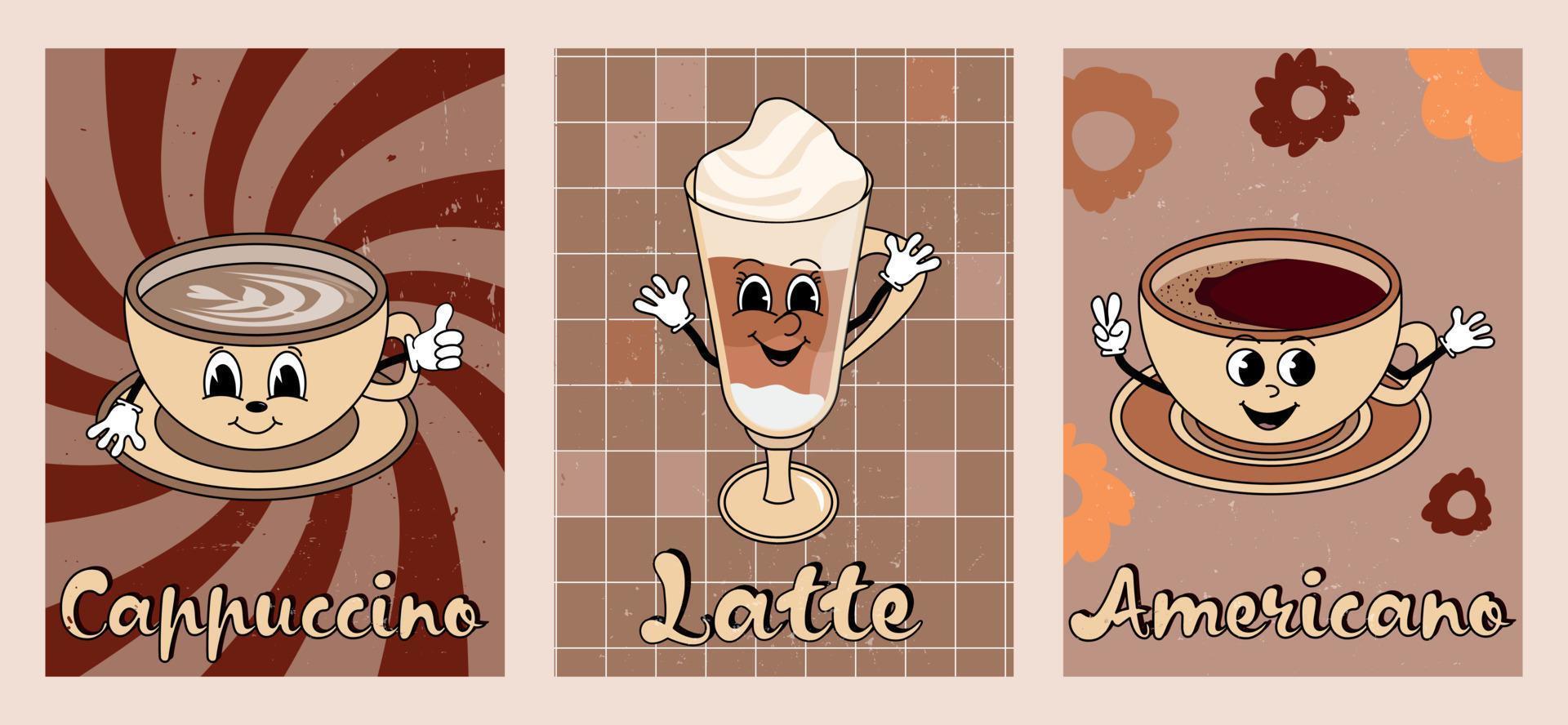 70s groovy vintage posters, retro print with americano, latte , cappuccino coffee.Vector illustration vector