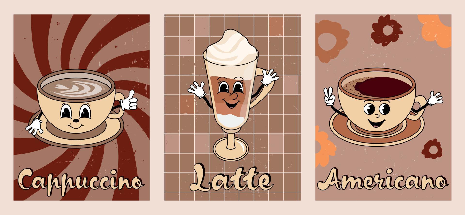 70s maravilloso Clásico carteles, retro impresión con americano, latté , capuchino cafe.vector ilustración vector