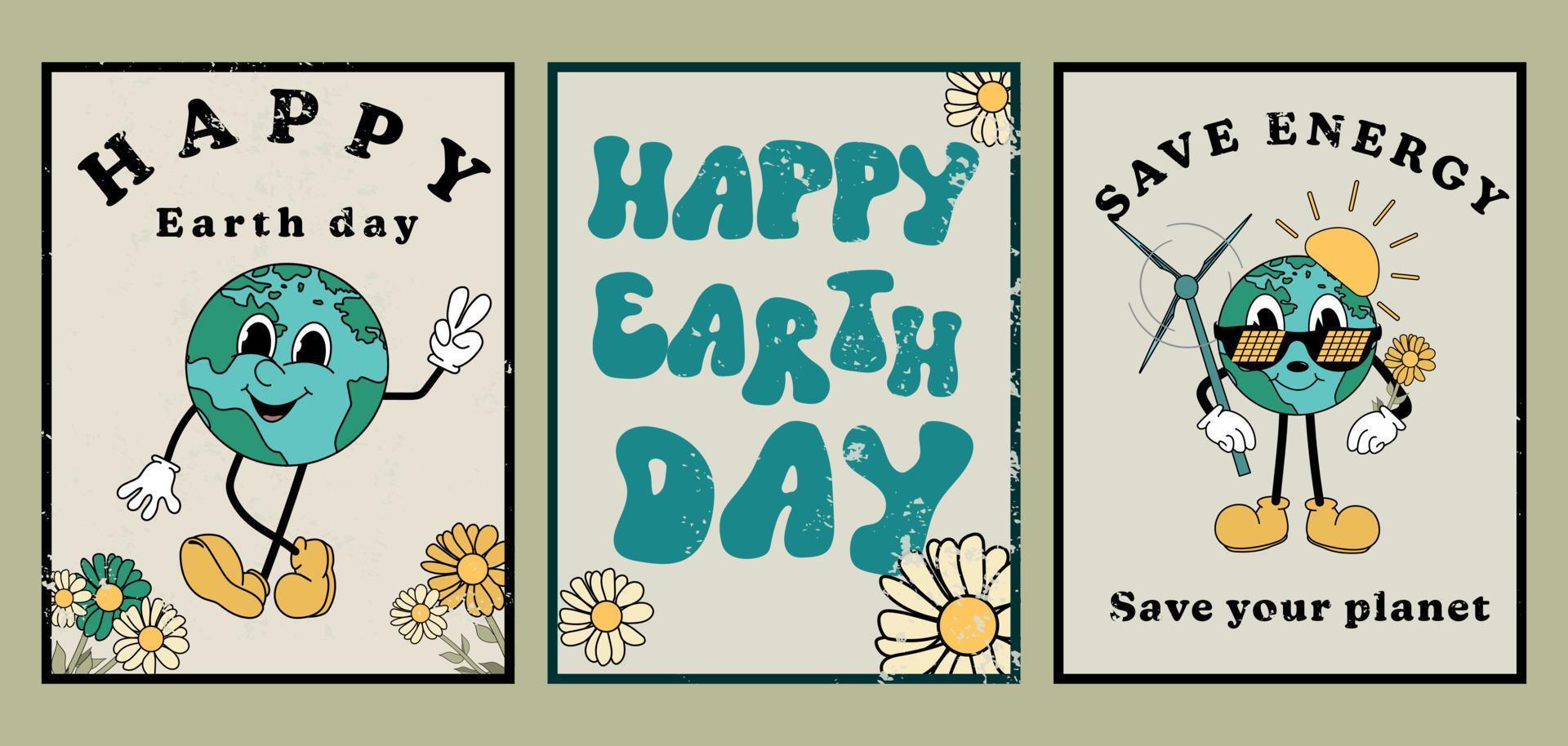 Set of earth day , save energy posters in trendy retro cartoon style, groovy 70s banner collection with alternative energy,Electrical energy, wind turbine, , lettering, text, planet mascot vector