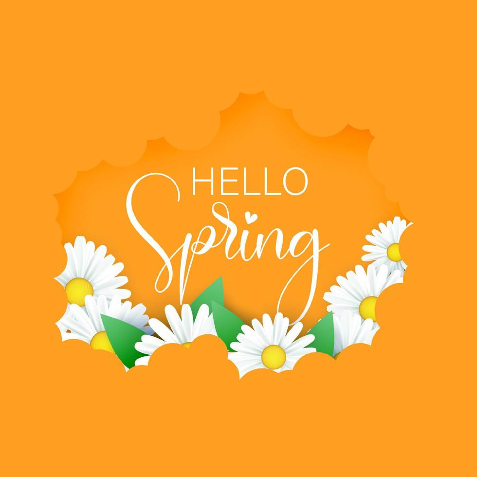 Hello spring vector background design with paper cut typography in a colorful flowers and vines. Vector illustration.