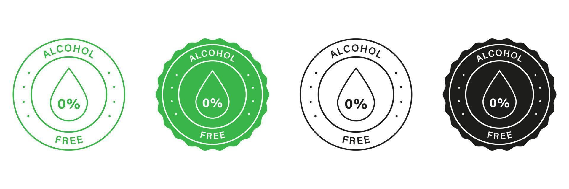 No Alcohol In Beauty Product Stamp Set. Zero Percent Alcohol-Free Labels. Natural Cosmetic Stickers for Alcohol Free Products. Droplet In Round Seal No Alcohol Icon. Isolated Vector Illustration.