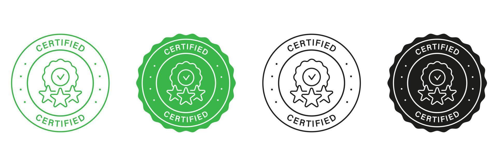 Quality Assurance Stamp Set. Safety Certification Green and Black Label. Certification Control Sticker Certified Security Sign Certificate Of Origin Stamp Guarantee Icon. Isolated Vector Illustration.
